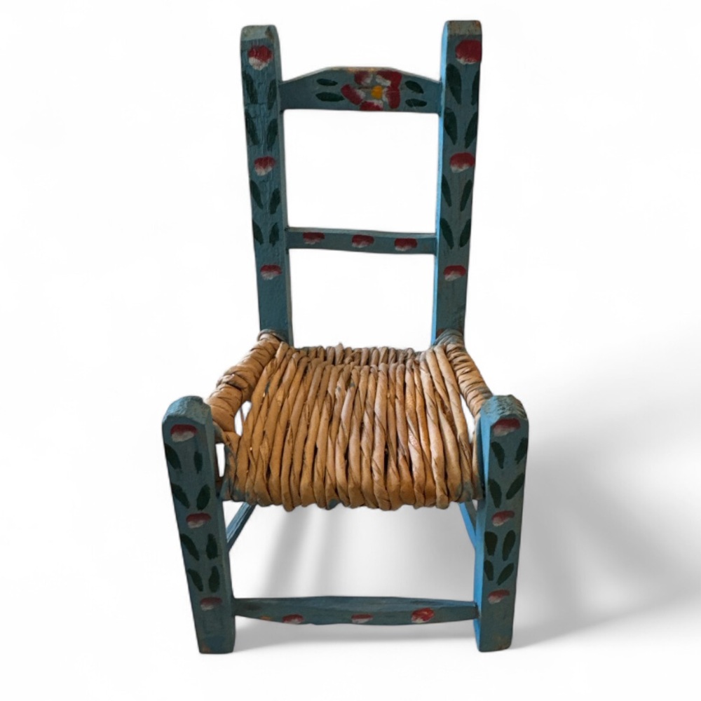 Vintage Miniature Mexican Folk Art Hand-Painted Blue Floral and Wicker Chair